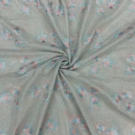 Grey Pink And Blue Floral Print Shimmer Knitted Embroidery Fabric