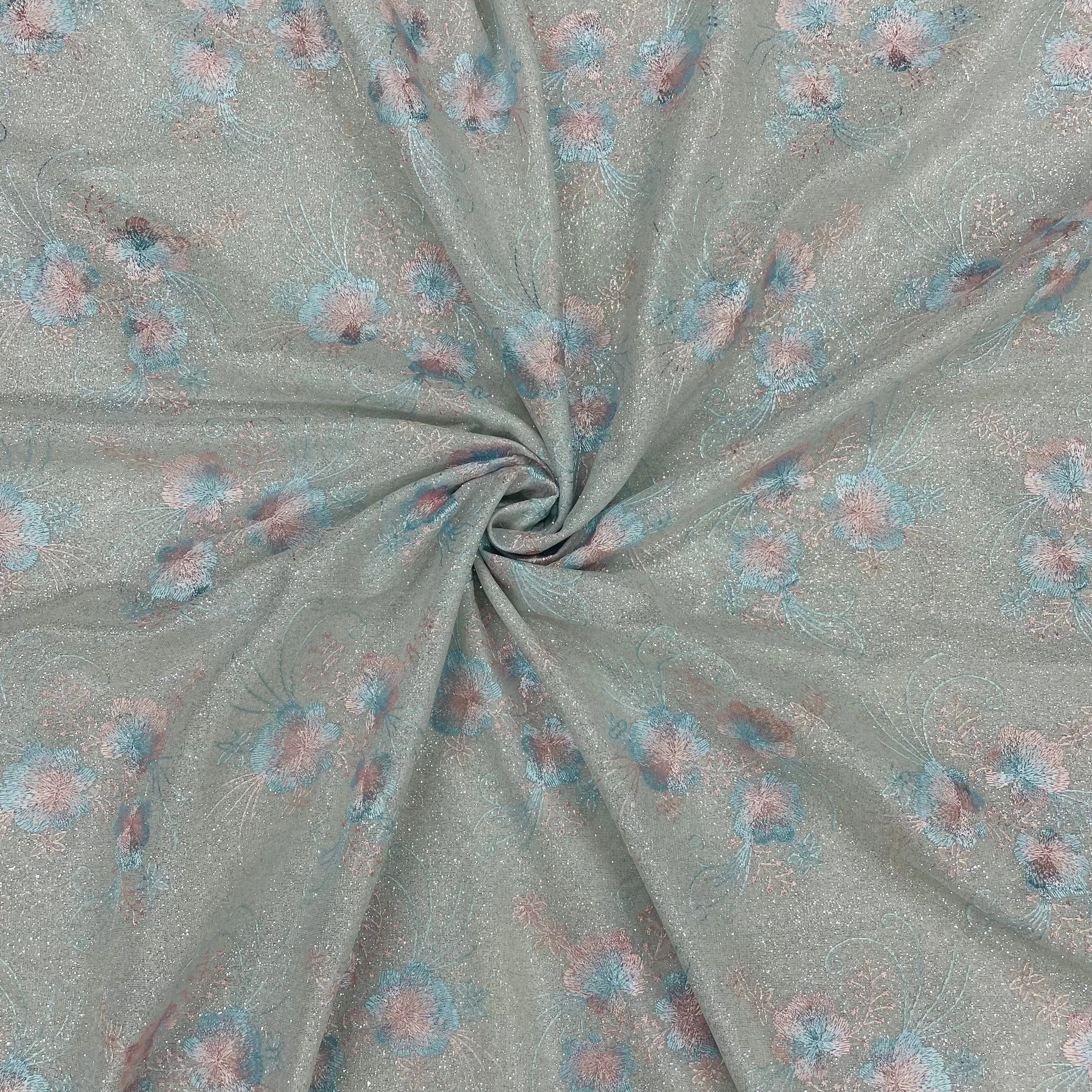 Grey Pink And Blue Floral Print Shimmer Knitted Embroidery Fabric