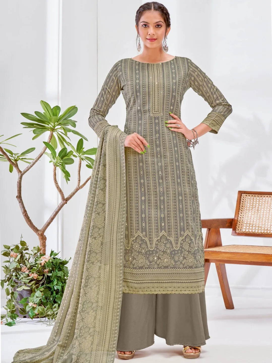 Grey Printed Cotton Unstitched Suit Material