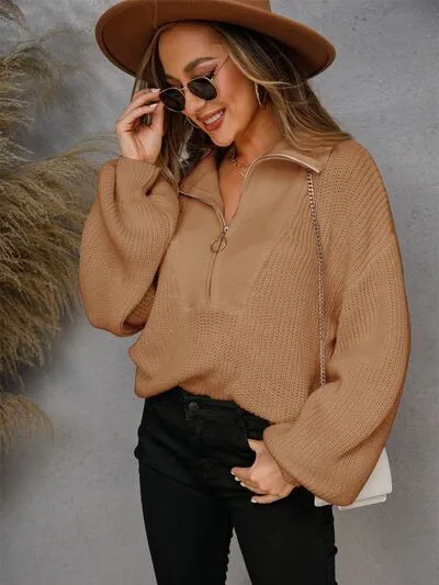 Half Zip Dropped Shoulder Sweater