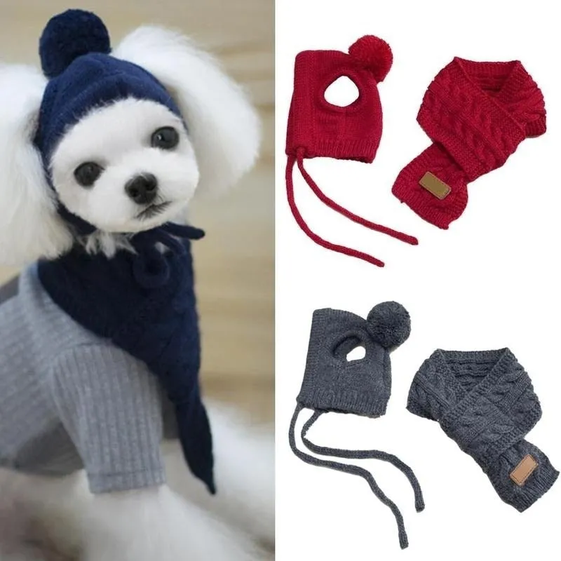 Hat For Dogs Winter Warm Stripes Knitted Hat scarf Collar Puppy