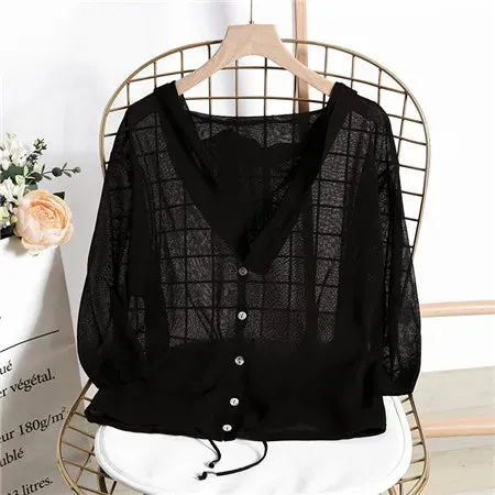 Hooded Thin Sweater Cardigan Women Silk Linen Spring  Summer Lace Up V-neck Short Design Loose Cape Cardigans Outerwear Female