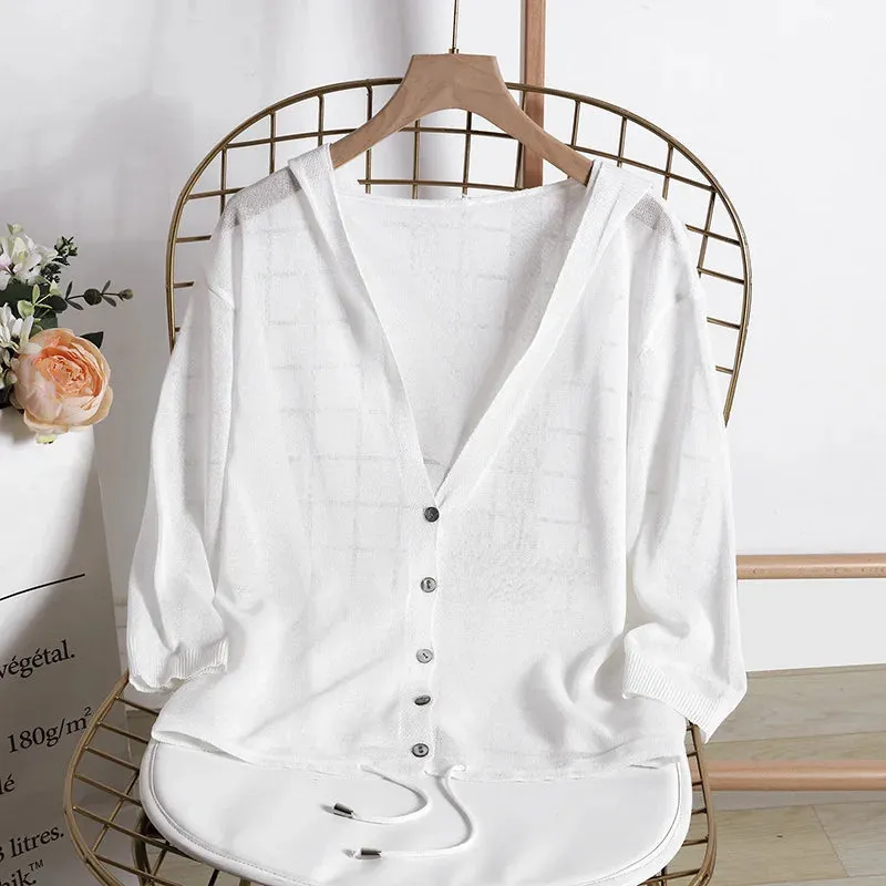 Hooded Thin Sweater Cardigan Women Silk Linen Spring  Summer Lace Up V-neck Short Design Loose Cape Cardigans Outerwear Female