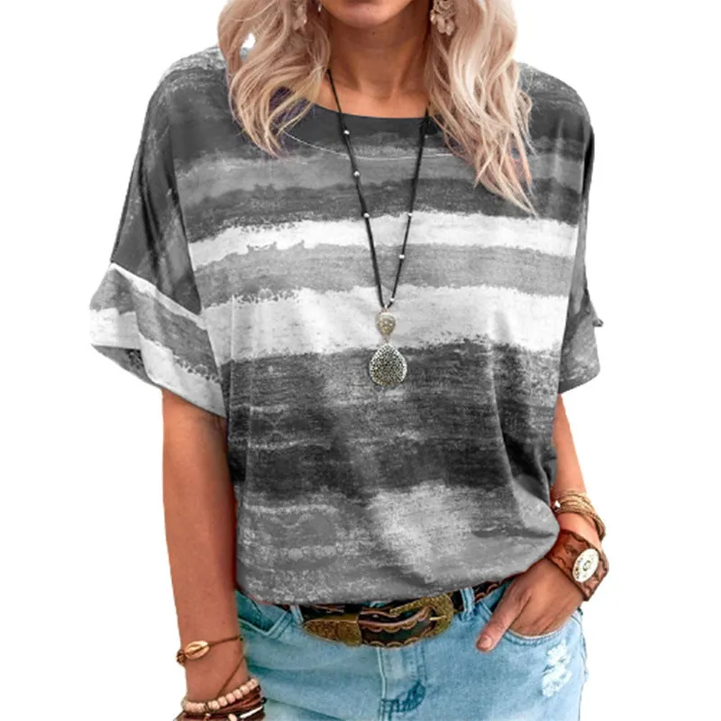 Ladies' Gradient Contrast Striped Round Neck Short Sleeve T-Shirt