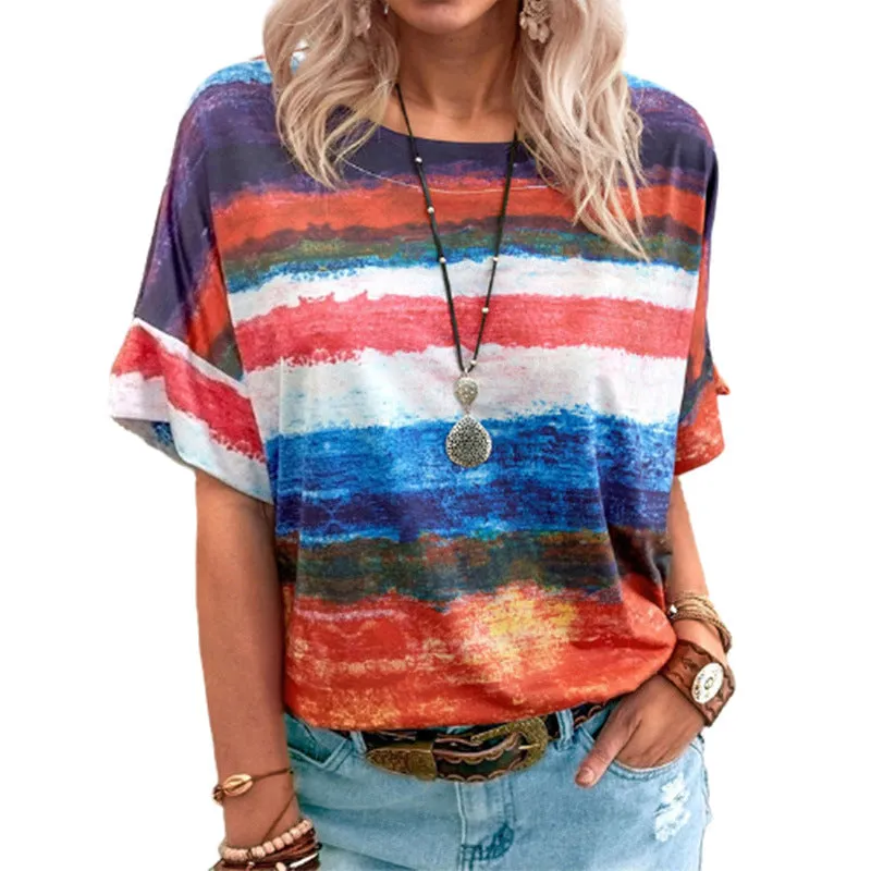 Ladies' Gradient Contrast Striped Round Neck Short Sleeve T-Shirt