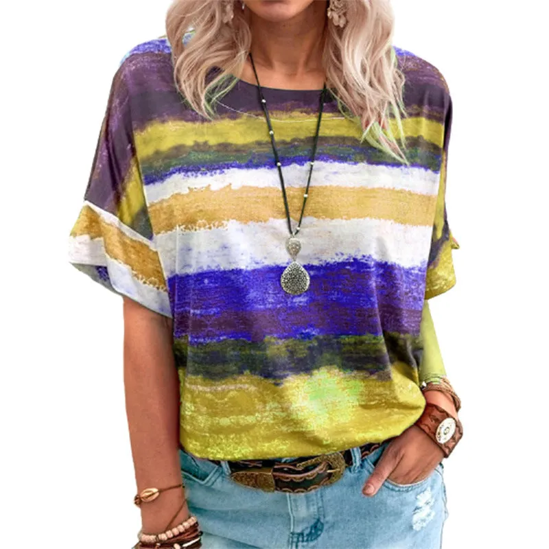 Ladies' Gradient Contrast Striped Round Neck Short Sleeve T-Shirt