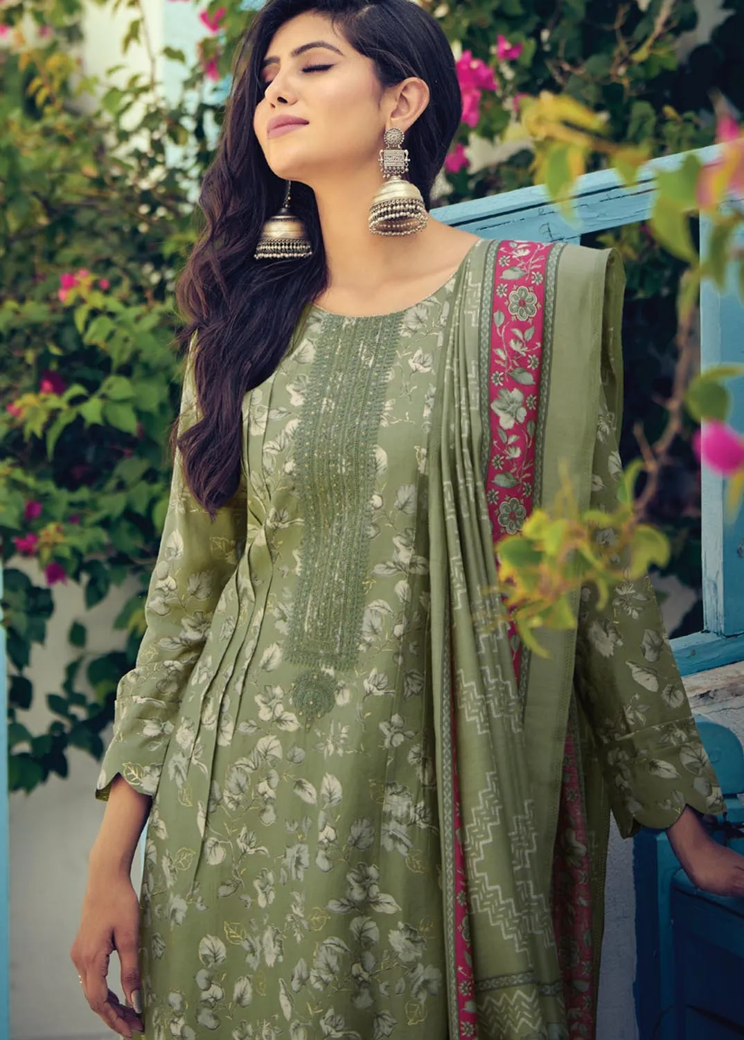 Latest Pure Muslin Party Wear Unstitched Women Salwar Suit Green