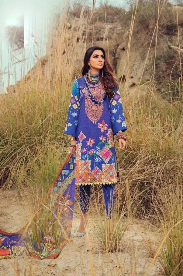 Lawn cotton Pakistani style dress material for women blue