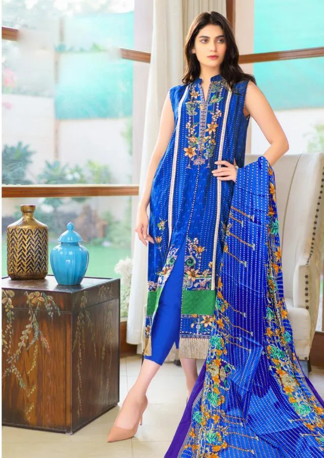 Lawn Cotton Women Unstitched Blue Pakistani Suits Dress Material