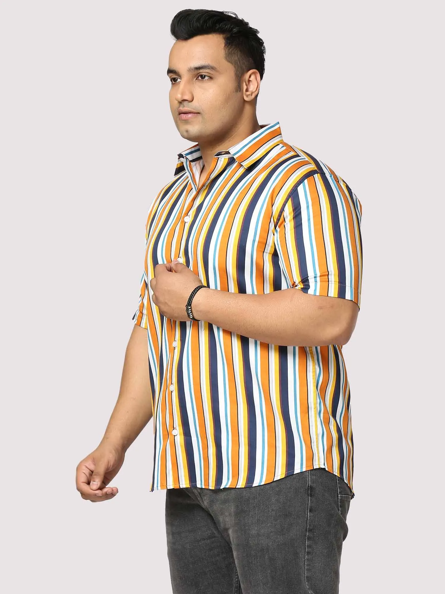 Lemon Stripes Digital Printed Half Shirt Men's Plus Size