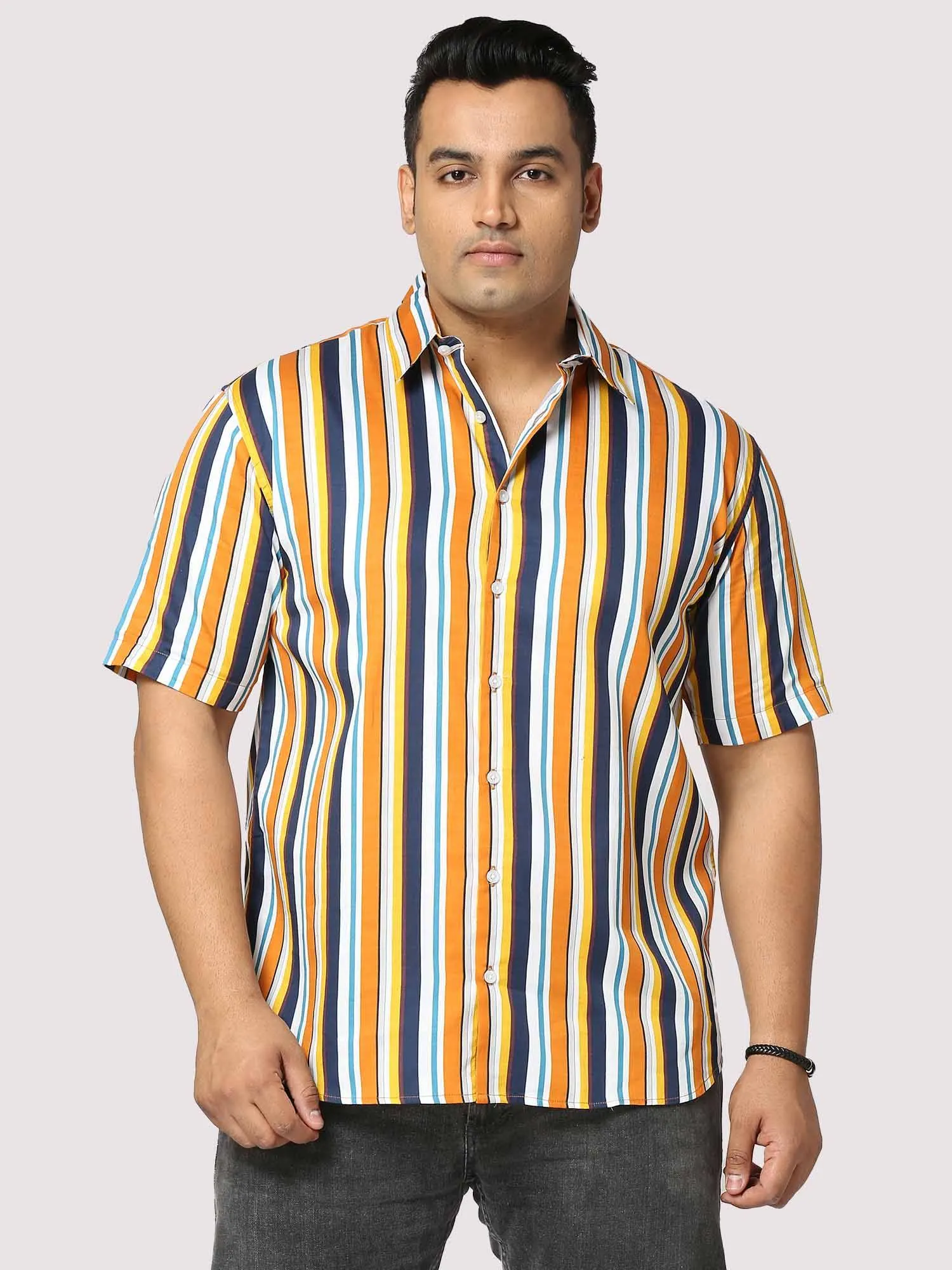 Lemon Stripes Digital Printed Half Shirt Men's Plus Size