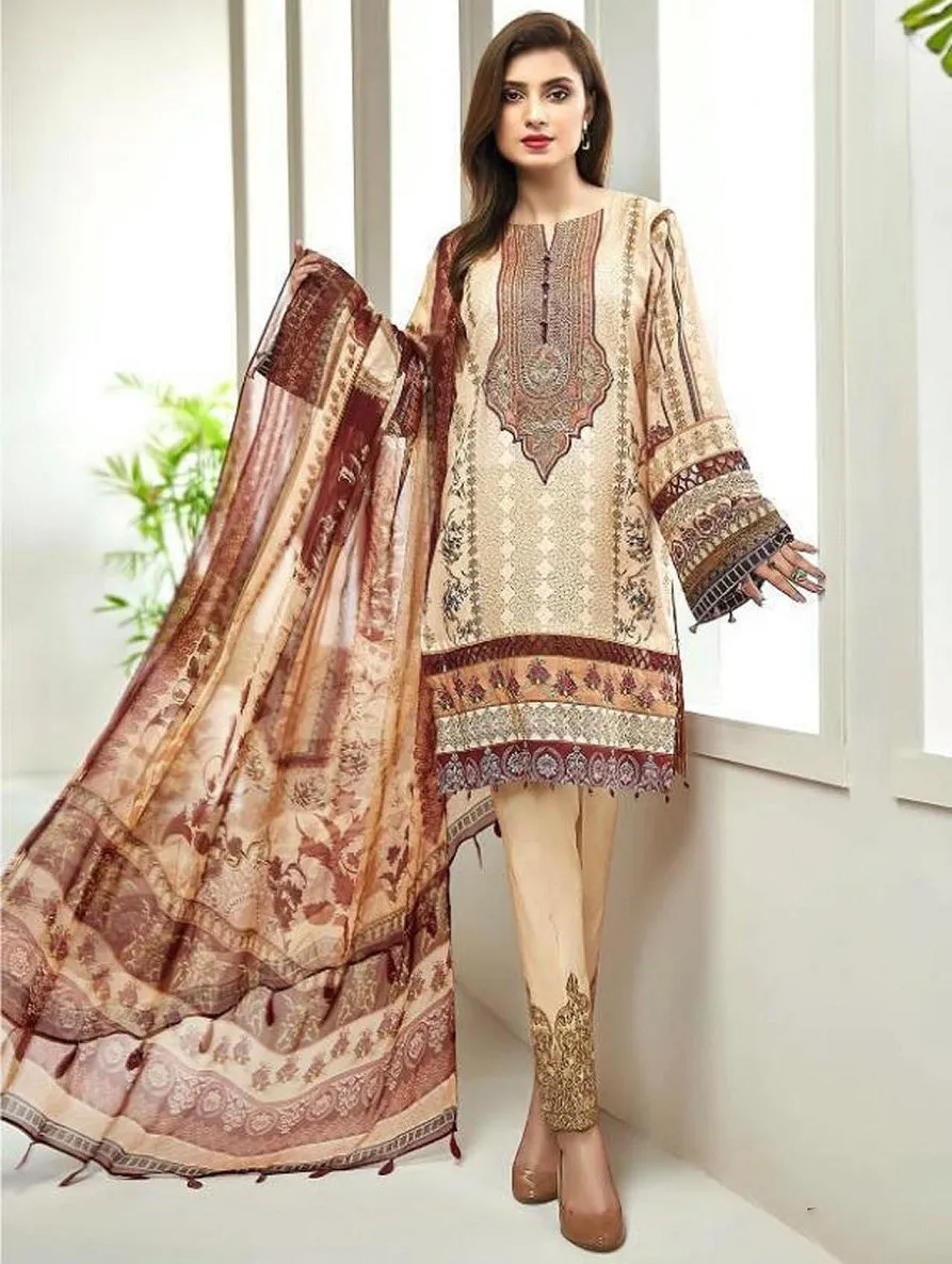 Light Brown Pakistani Lawn Cotton Unstitched Salwar Kameez Suit