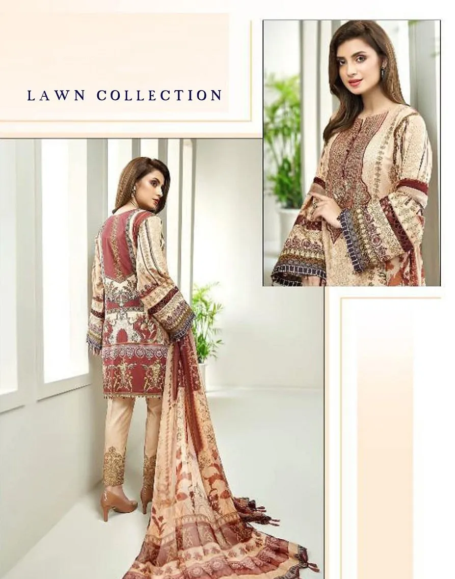 Light Brown Pakistani Lawn Cotton Unstitched Salwar Kameez Suit