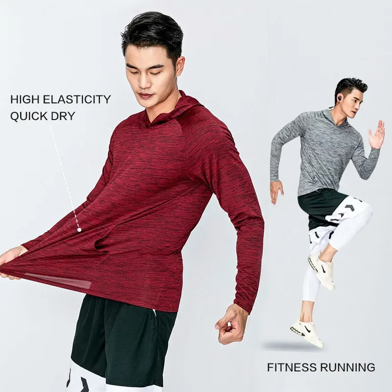 Men's Running Undershirt Gym Fitness Tight Hoodie Soccer Training T-Shirt Jogging Hooded Quick Dry Breathable Sports Clothing