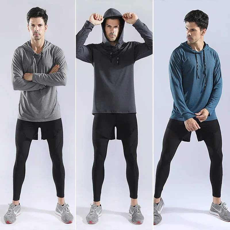 Men's Running Undershirt Gym Fitness Tight Hoodie Soccer Training T-Shirt Jogging Hooded Quick Dry Breathable Sports Clothing