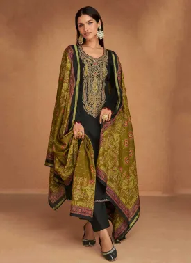 Mumtaz Arts Black Unstitched Cotton Satin Suit Dress Material for Ladies