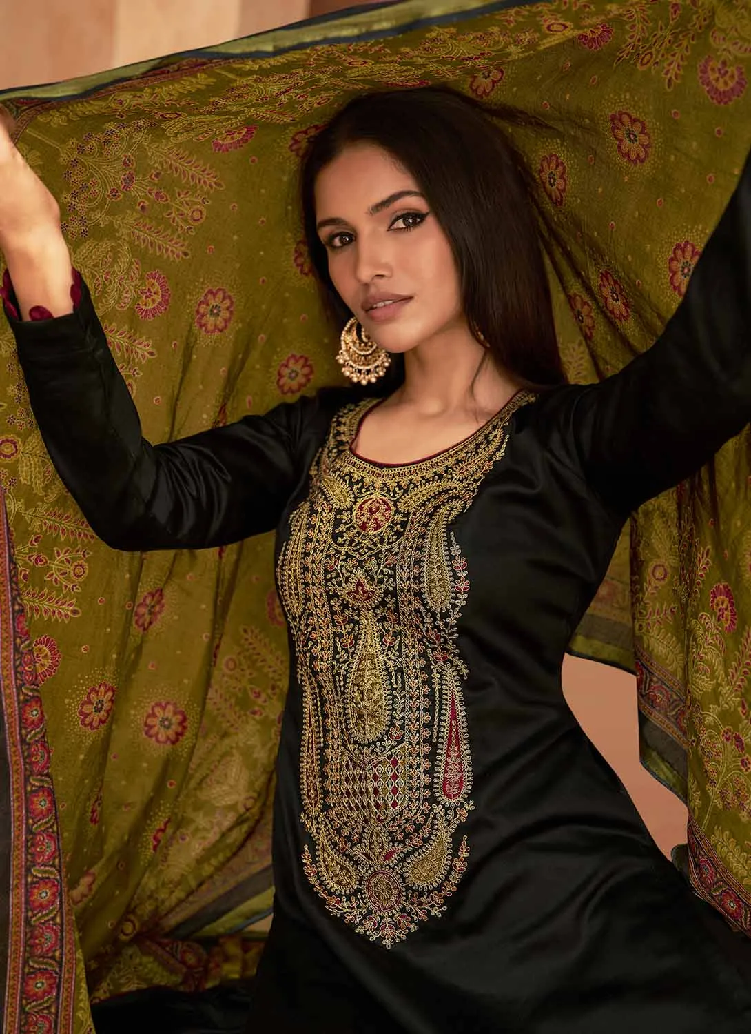 Mumtaz Arts Black Unstitched Cotton Satin Suit Dress Material for Ladies