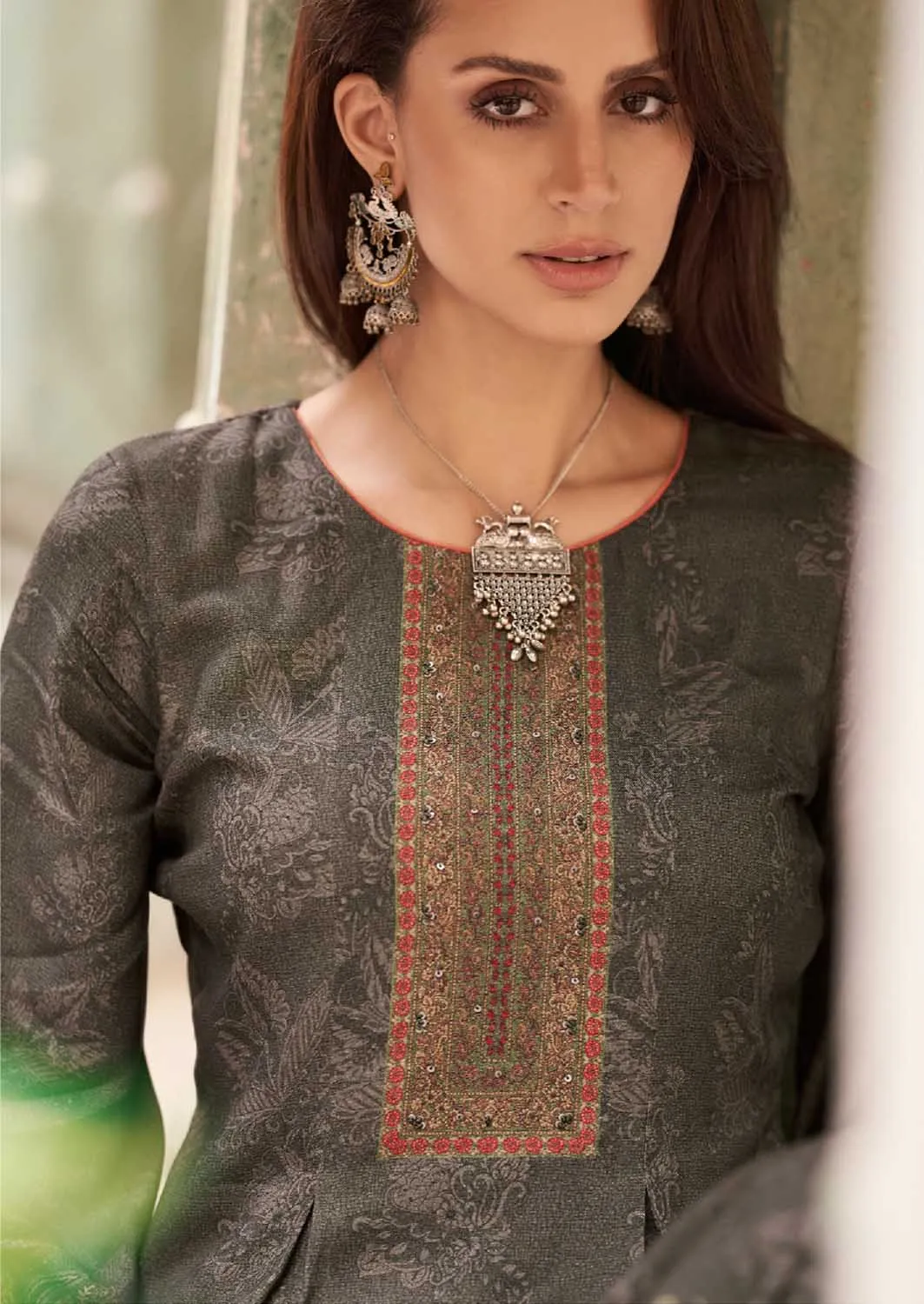 Mumtaz Arts Pure Pashmina Grey Winter Suits Dress Material for Women