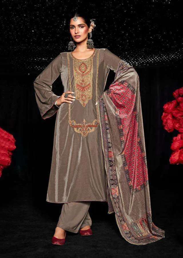 Mumtaz Arts Pure Velvet Brown Winter Suits for ladies