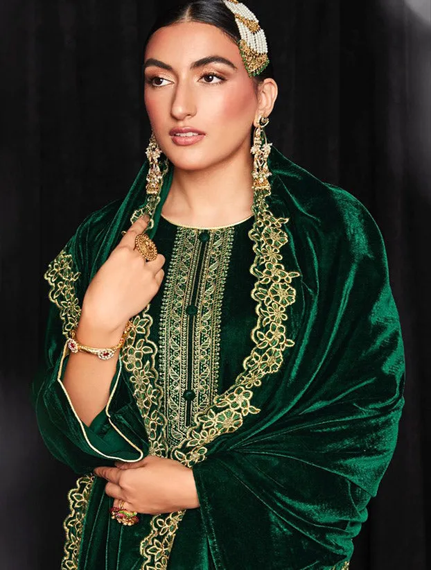 Mumtaz Arts Unstitched Green Winter Velvet Suit Material for Ladies