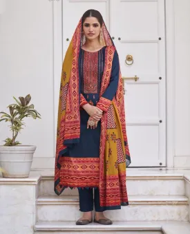 Mumtaz Lawn Cotton Unstitched Blue Salwar Suit Material With Neck Embroidery