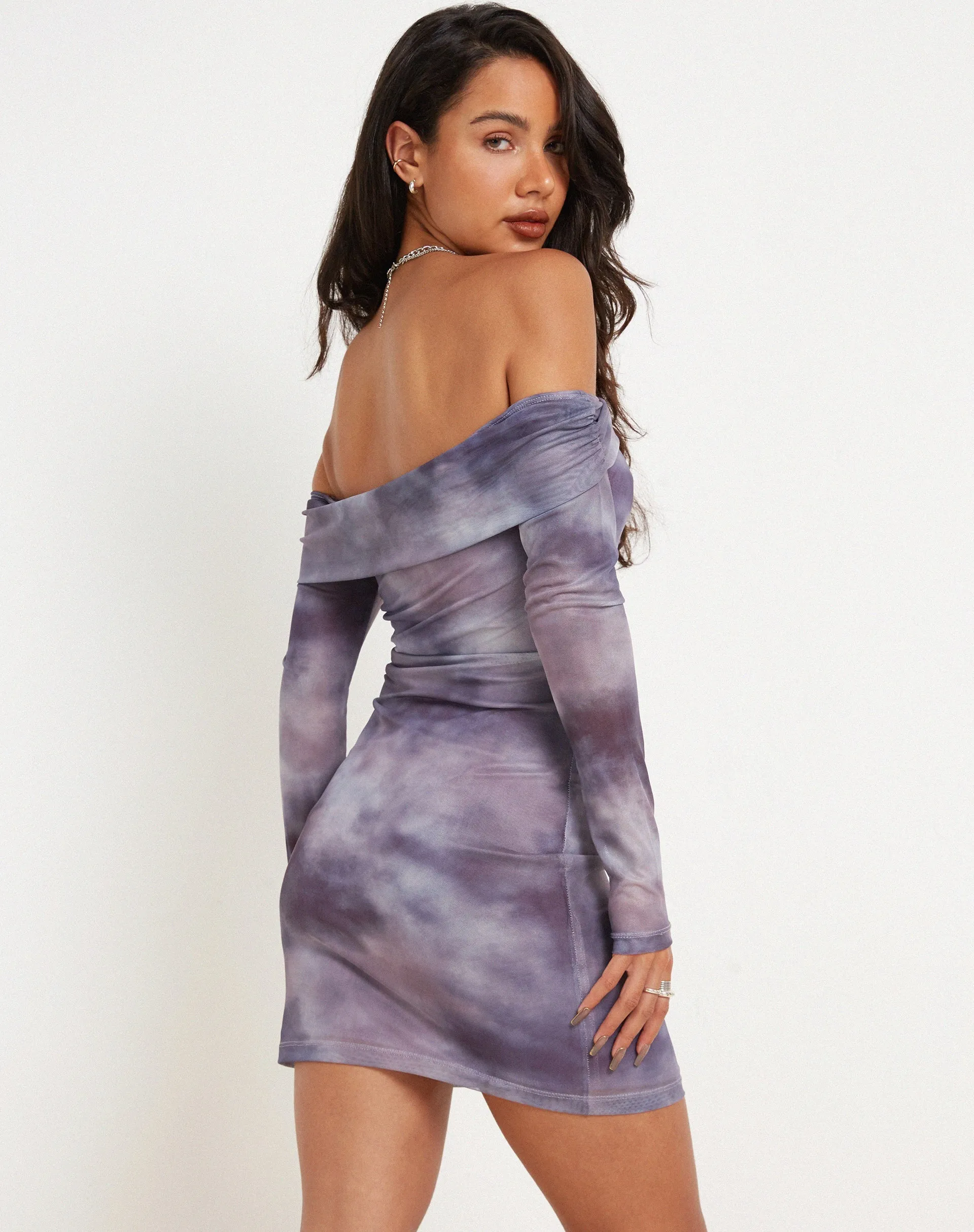 Nasami Long Sleeve Mesh Mini Dress in Smokey Gradients Purple