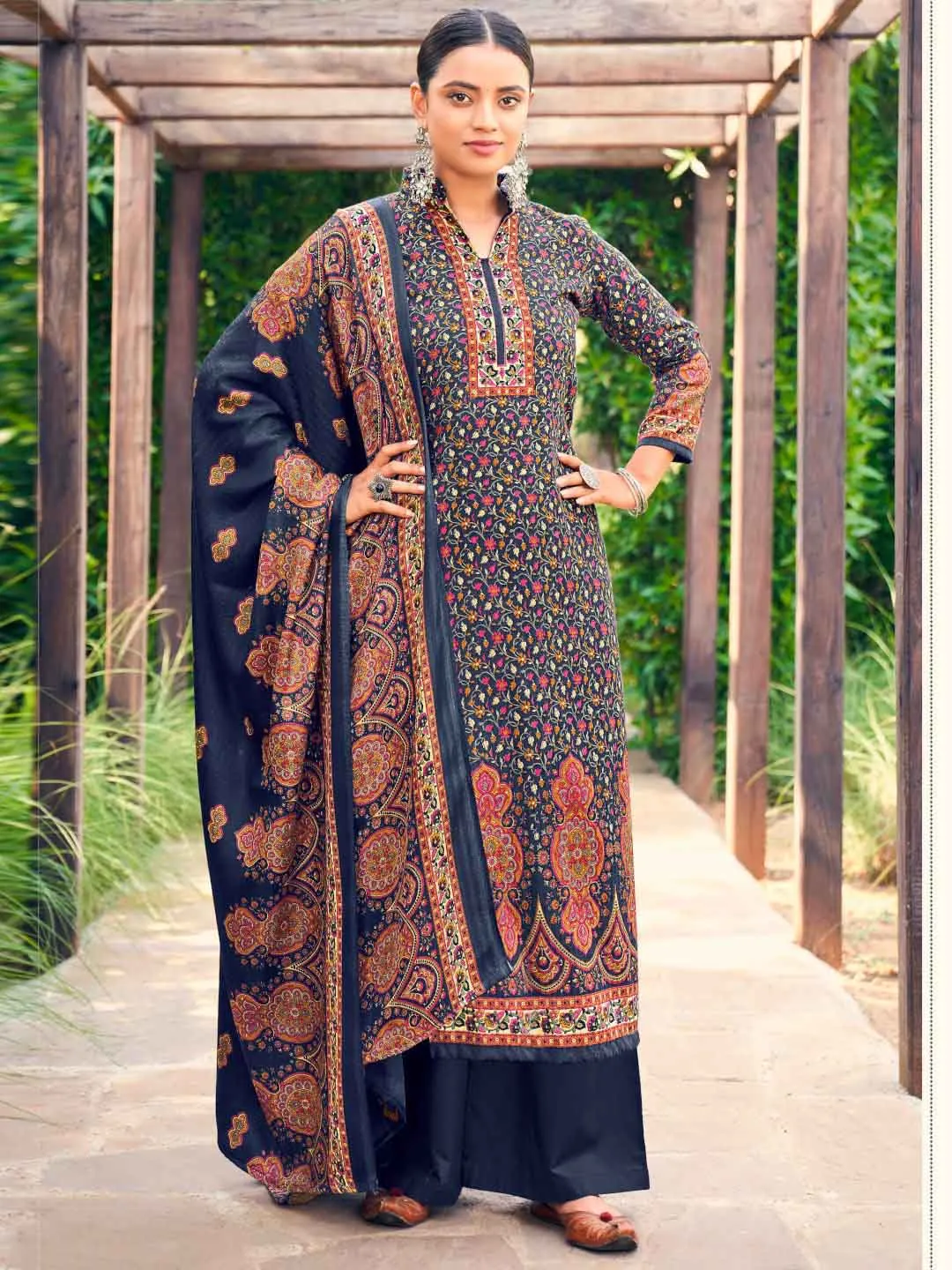 Navy Printed Pashmina Unstitched Winter Ladies Suit Set