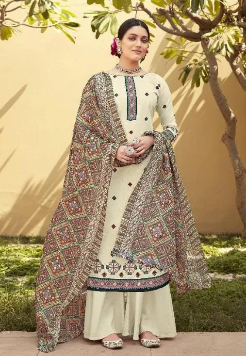 New Collection Women Off-White Green Unstitched Lawn Cotton Suits