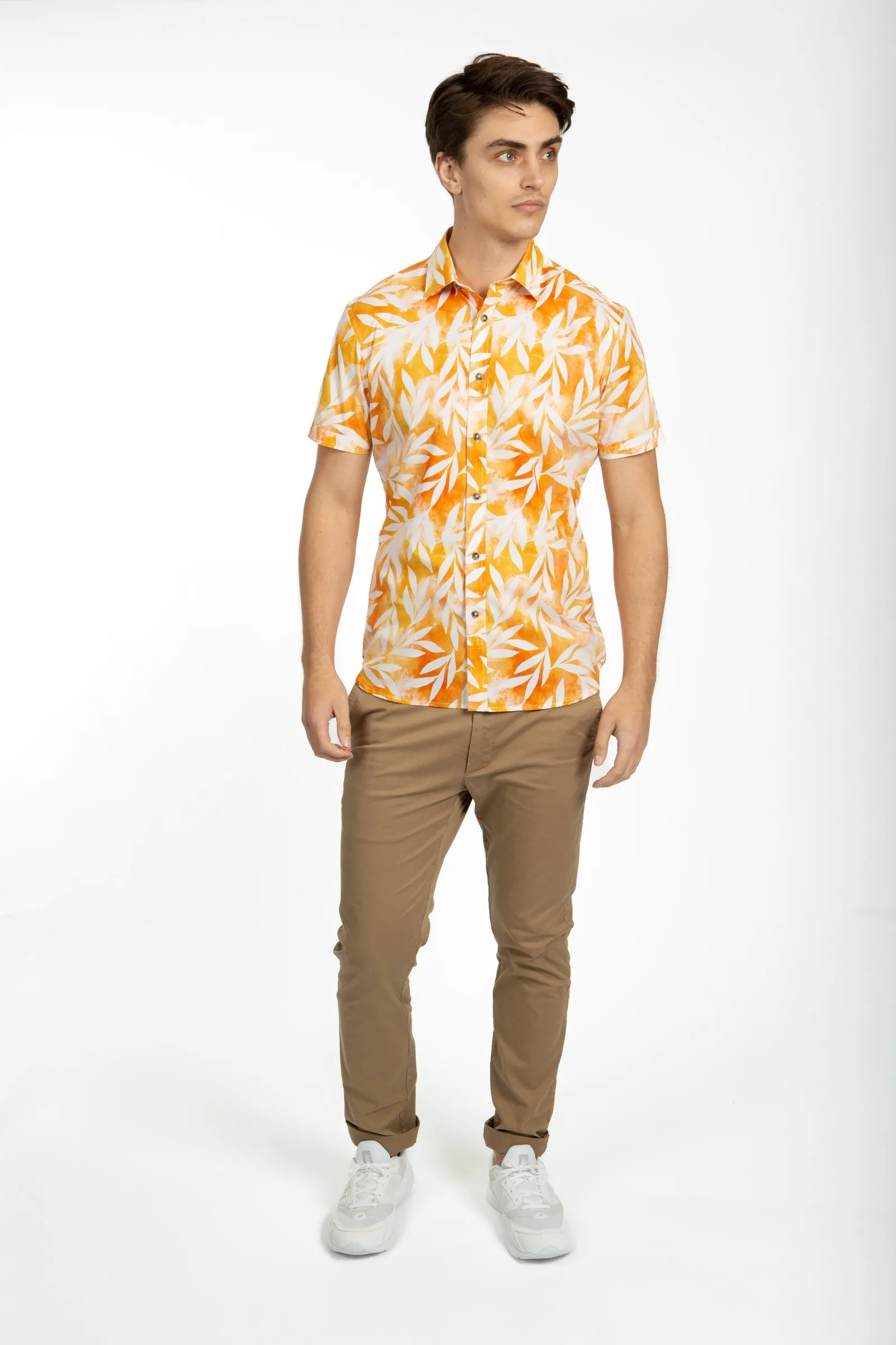 Orange Short Sleeve Leaf Poplin Shirt