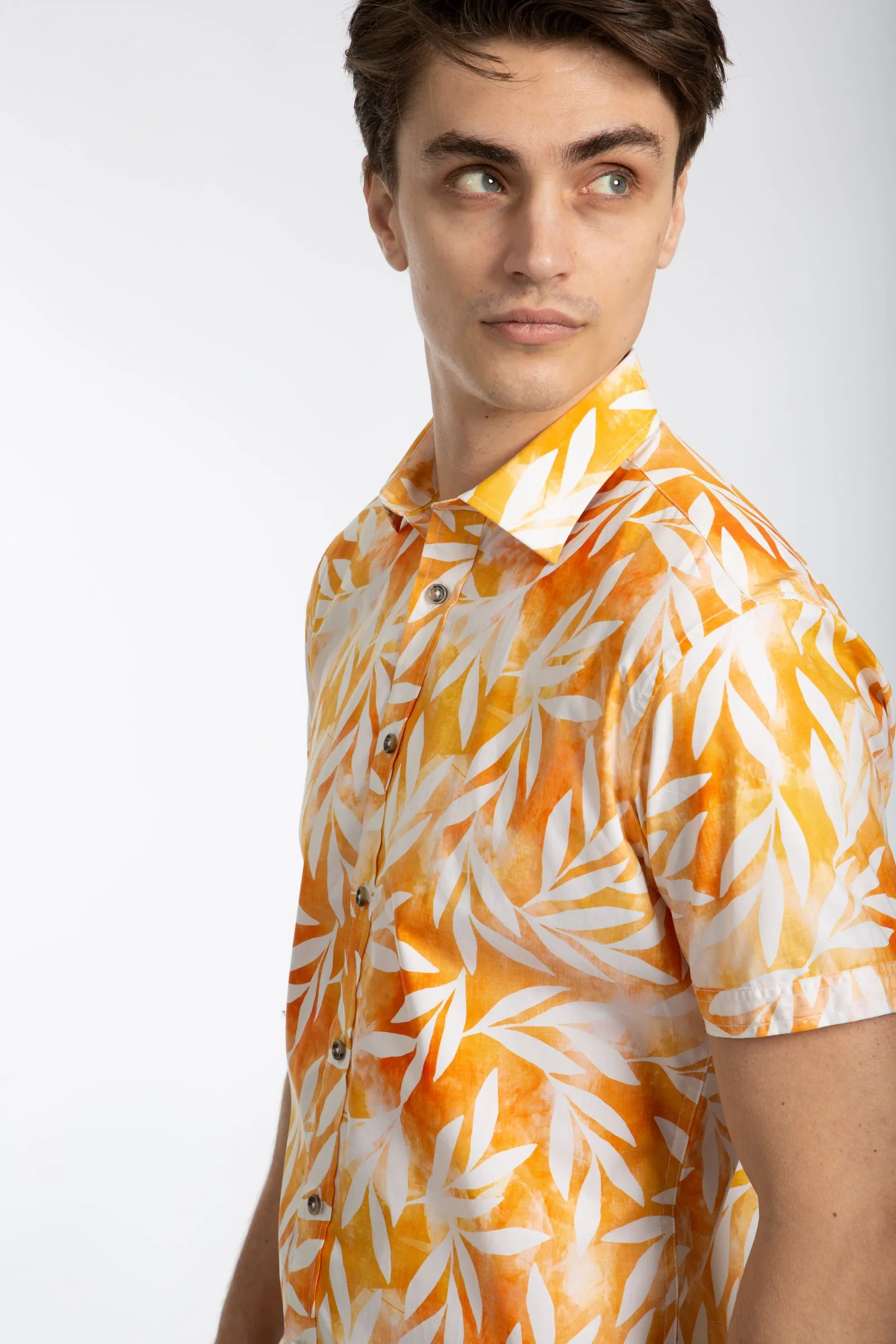 Orange Short Sleeve Leaf Poplin Shirt