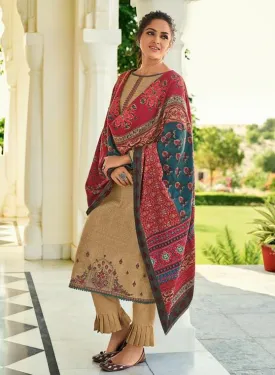 Pashmina Beige Salwar suit Dress Material for Woman with Embroidery