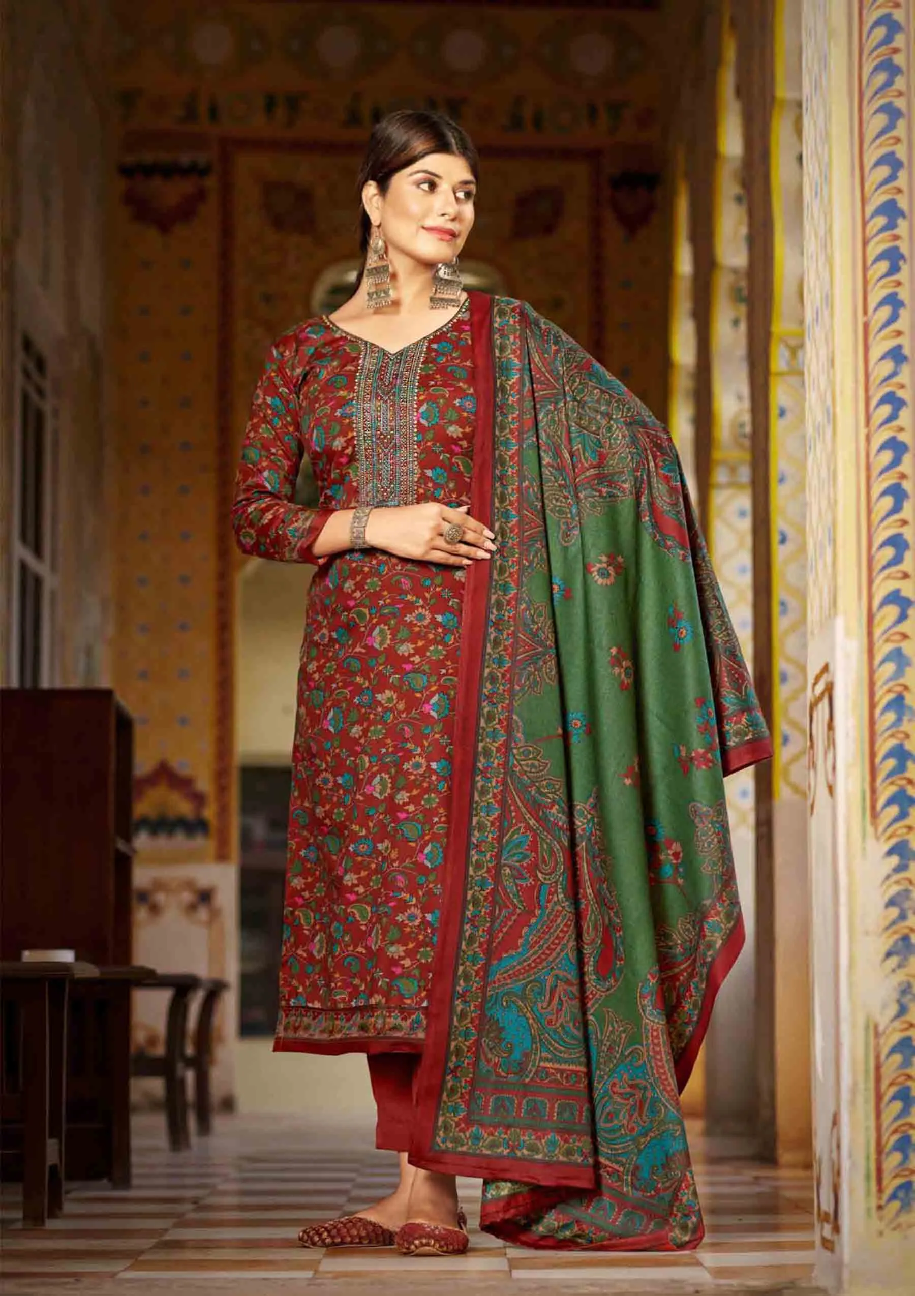 Pashmina Spun Unstitched Dark Red Winter Salwar Suits Set