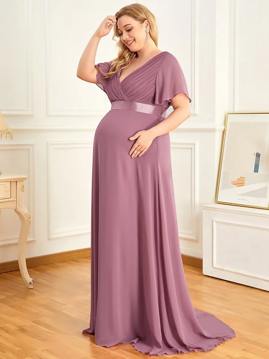 Plus Size Ruffle Sleeve Floor-Length Formal Maternity Dress