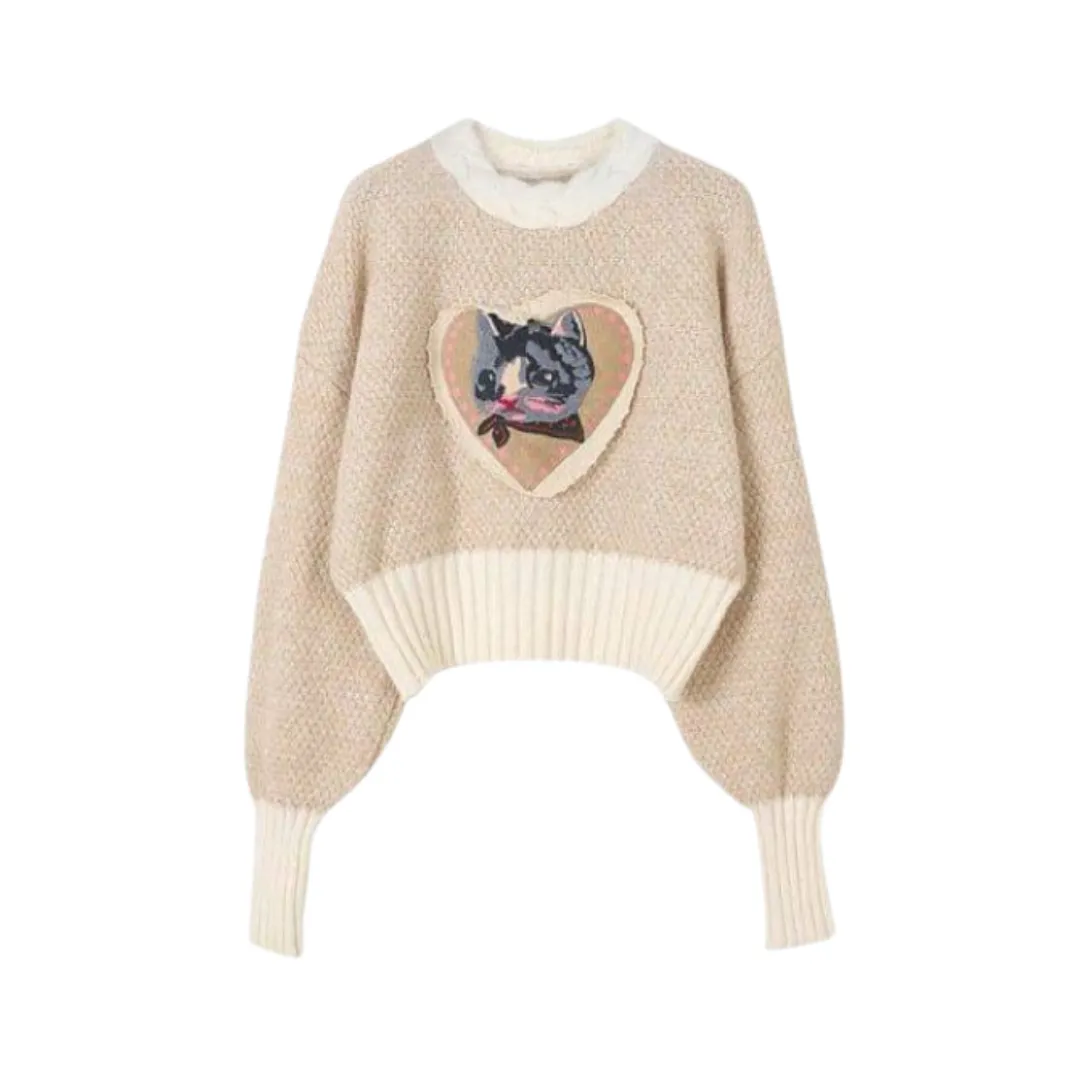 Pre Order:  Cat Embroidery Round Neck Long Sleeve Sweater