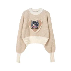 Pre Order:  Cat Embroidery Round Neck Long Sleeve Sweater