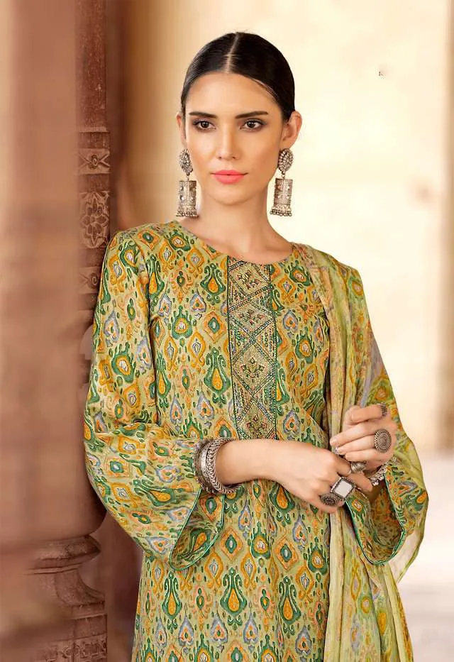 Printed Pashmina Green Winter Unstitched Ladies Suits material