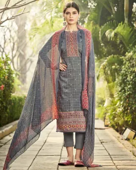 Pure Cotton Unstitched Grey Salwar Suits With Chiffon Dupatta