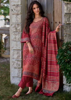 Pure Handloom Red Unstitched Pashmina Winter Suits Set for Women