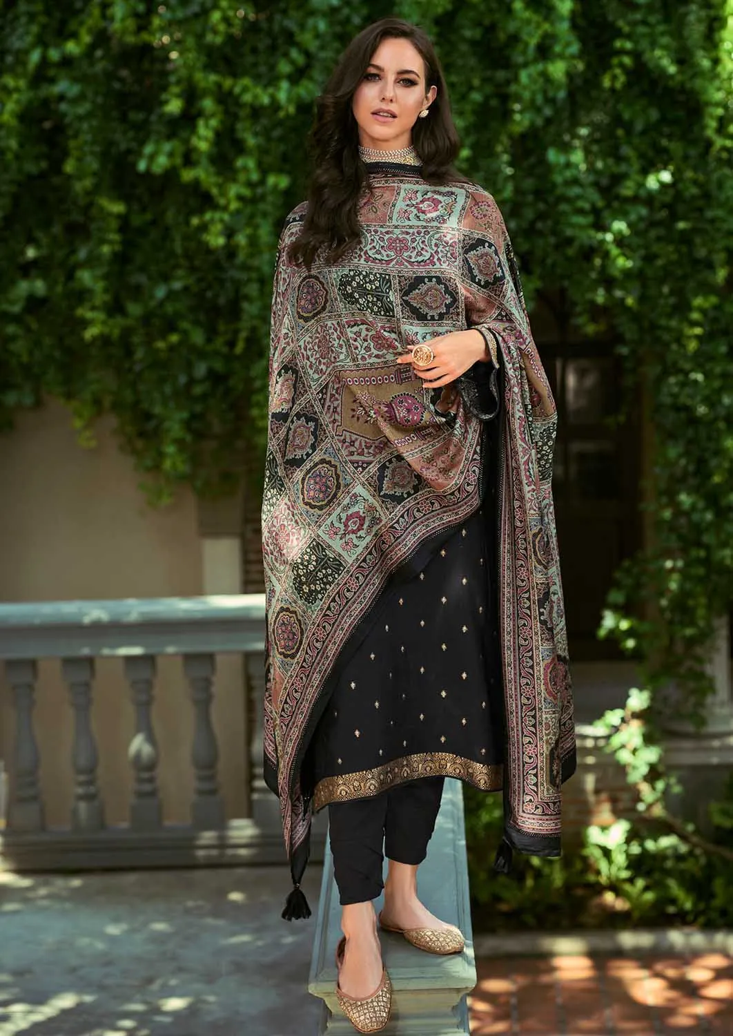 Pure Pashmina Jacquard Black Winter Suit Dress Material for Ladies