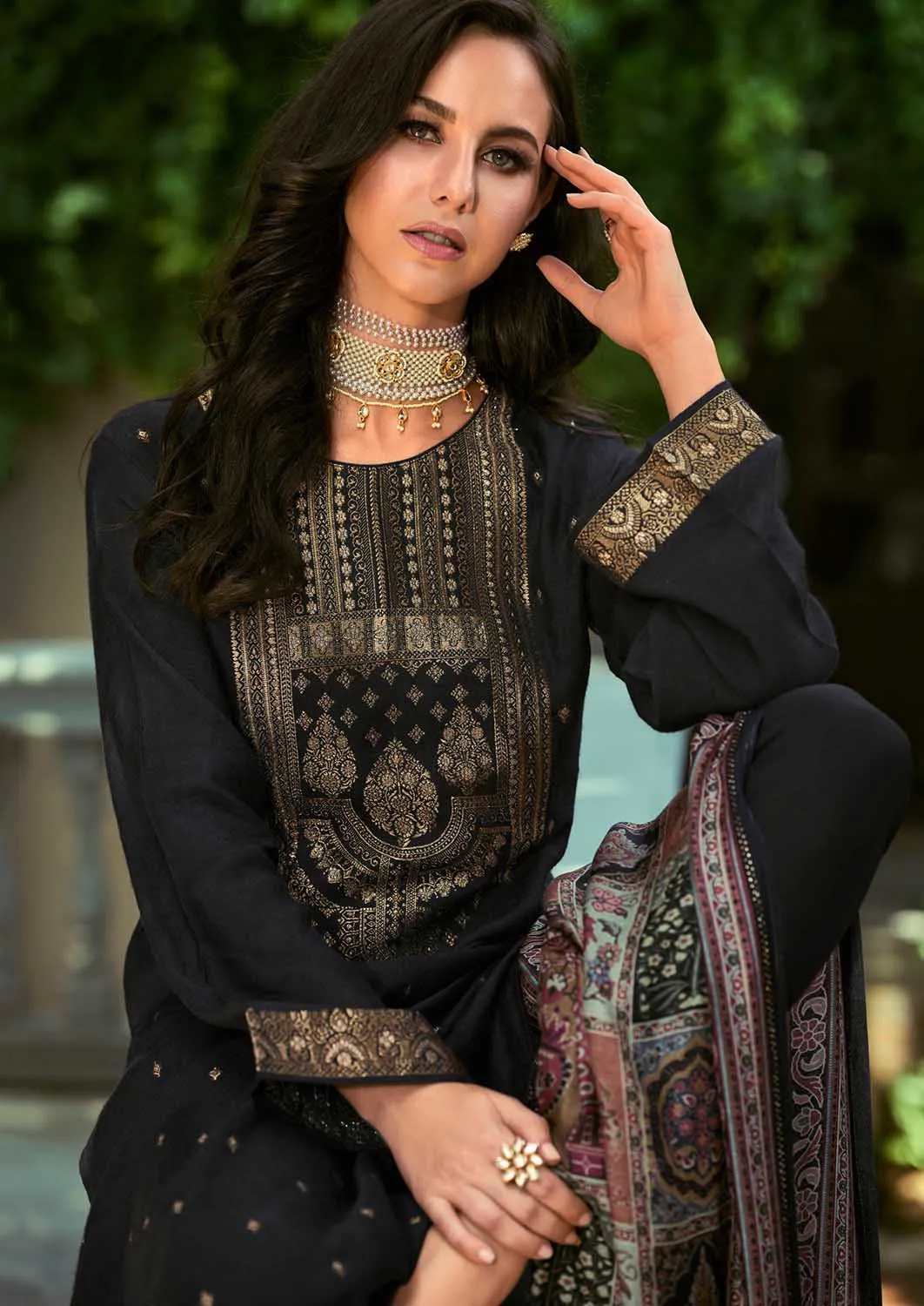 Pure Pashmina Jacquard Black Winter Suit Dress Material for Ladies