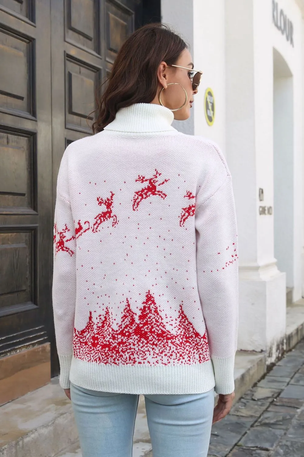 Reindeer & Snow Pattern Turtle Neck Pullover Sweater