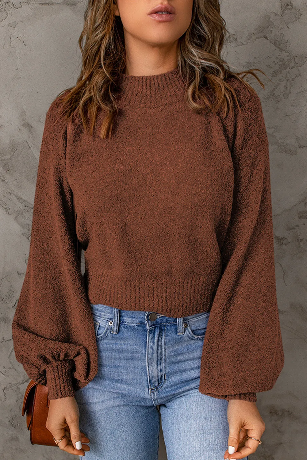 Ribbed Trim Balloon Sleeve Sweater