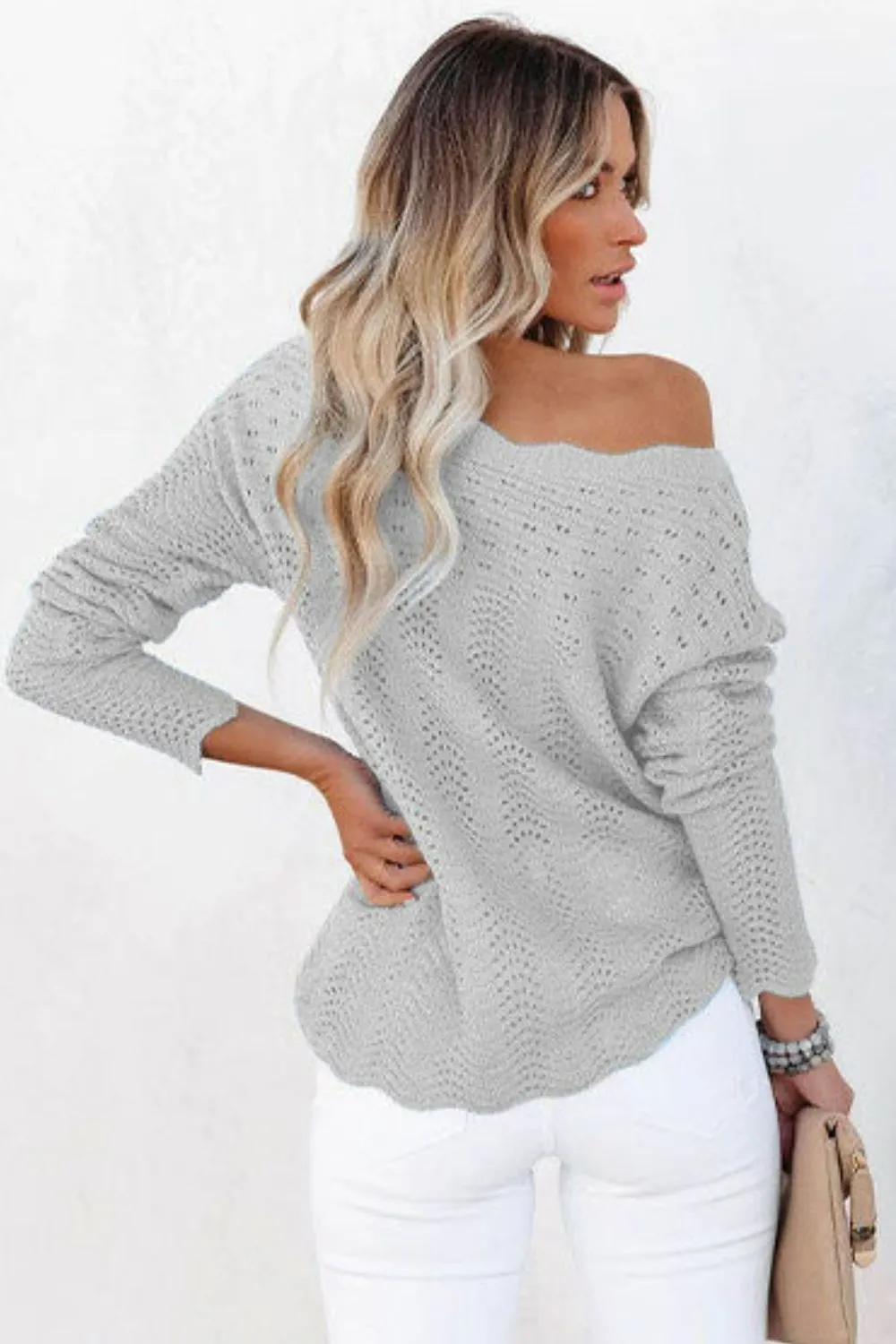 Scalloped Boat Neck Openwork Tunic Sweater