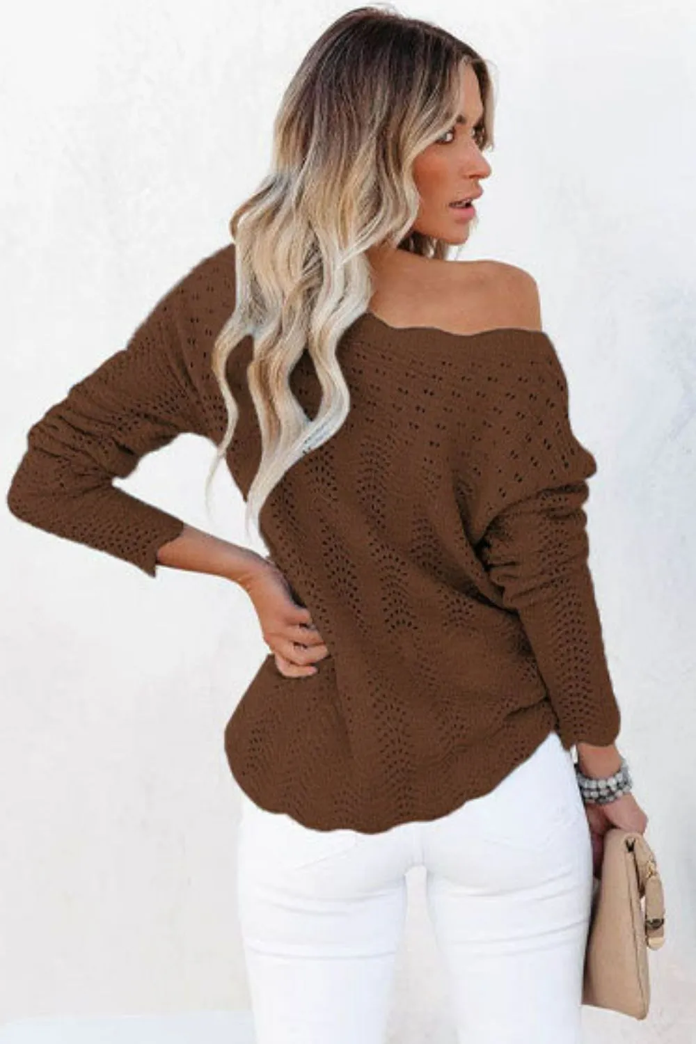 Scalloped Boat Neck Openwork Tunic Sweater