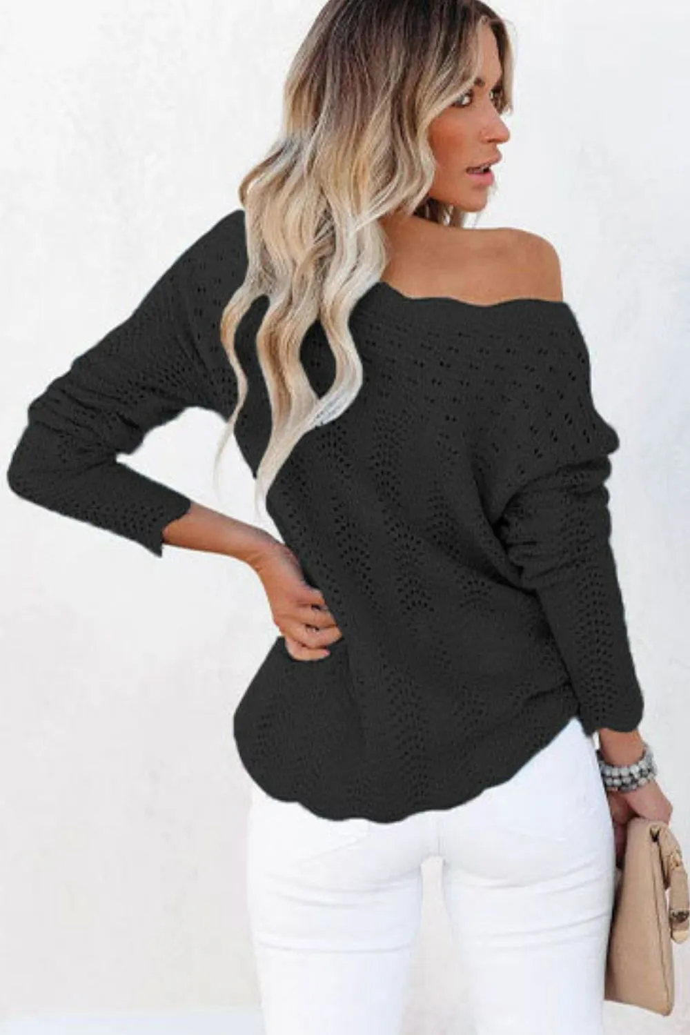 Scalloped Boat Neck Openwork Tunic Sweater