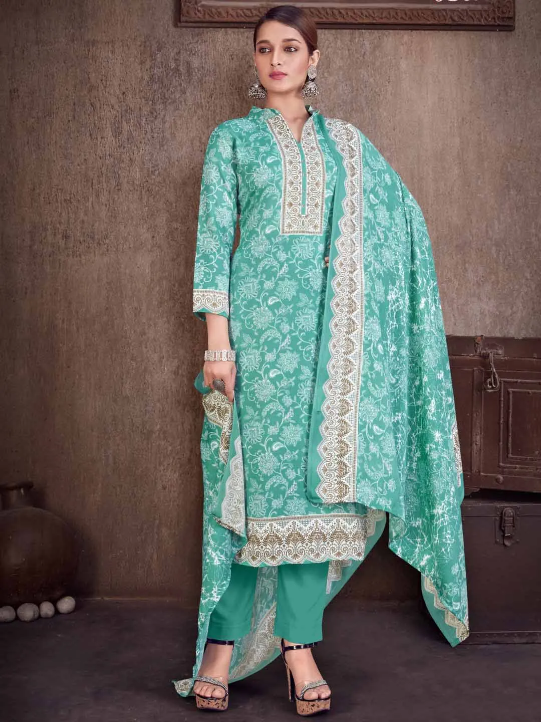 Sea Green Wool Pashmina Printed Unstitched Winter Suit