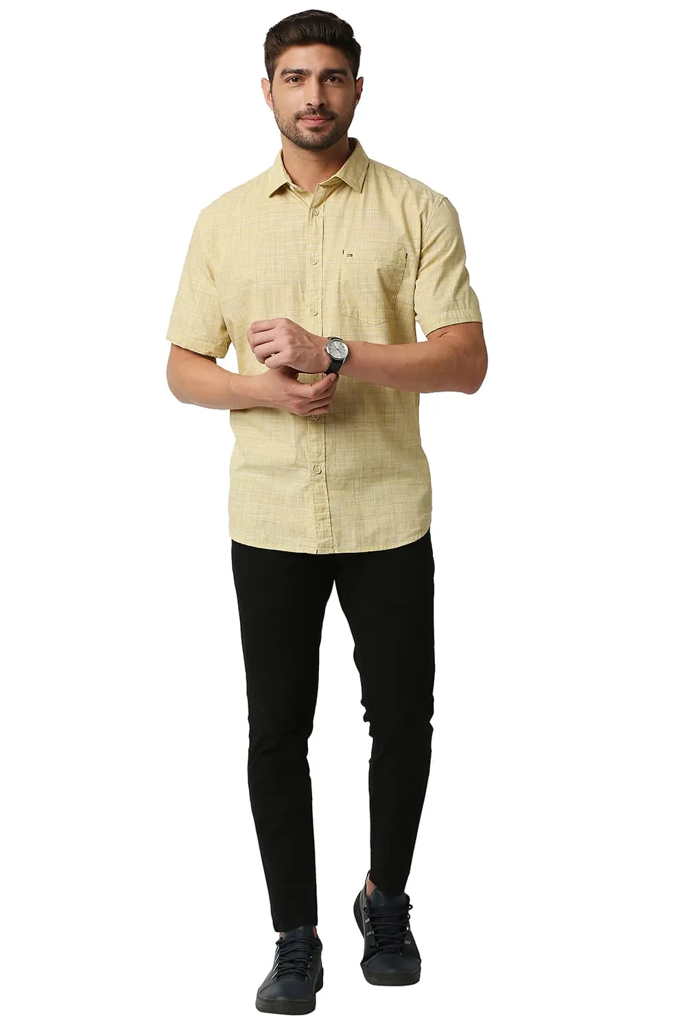 Slim Fit Slub Checks Halfsleeves Shirt