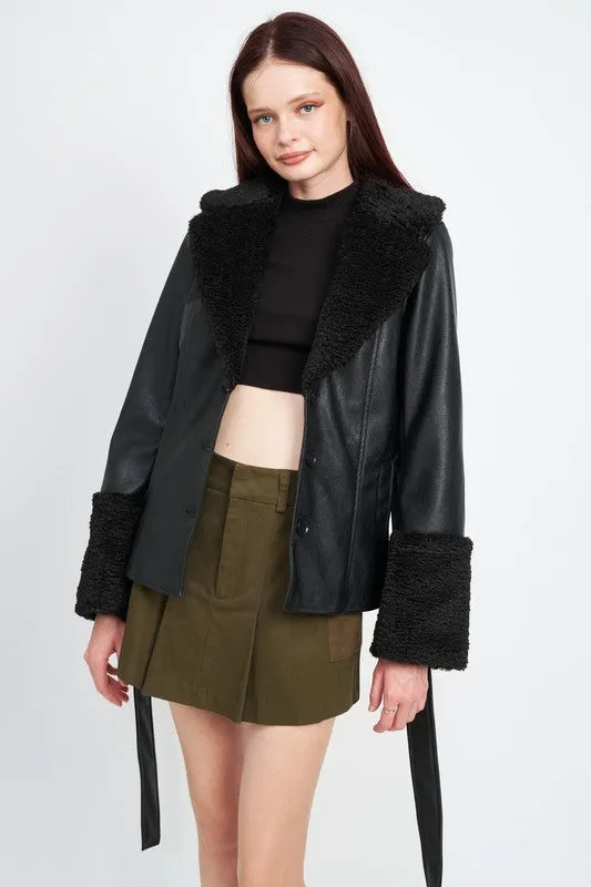 TEEK - BELTED FAUX SHEARING TRIMMED JACKET