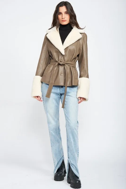 TEEK - BELTED FAUX SHEARING TRIMMED JACKET