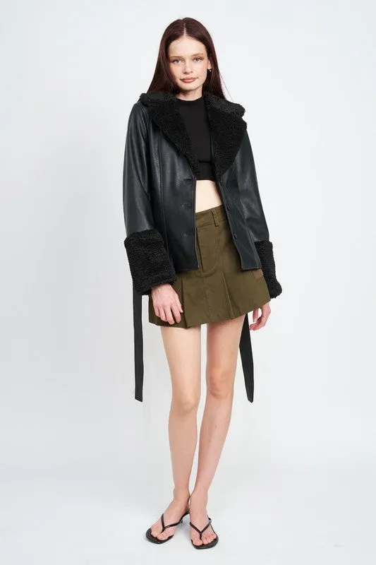 TEEK - BELTED FAUX SHEARING TRIMMED JACKET